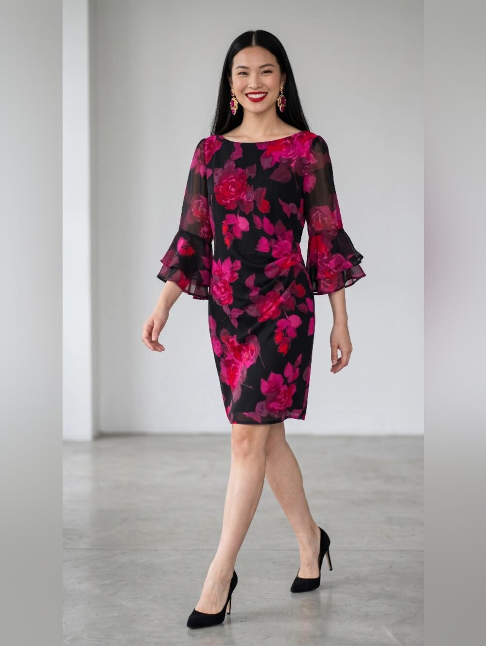 JH Floral Sheath Dress with Ruffled Bell Sleeves - Hot Pink on Black SIZE 12P